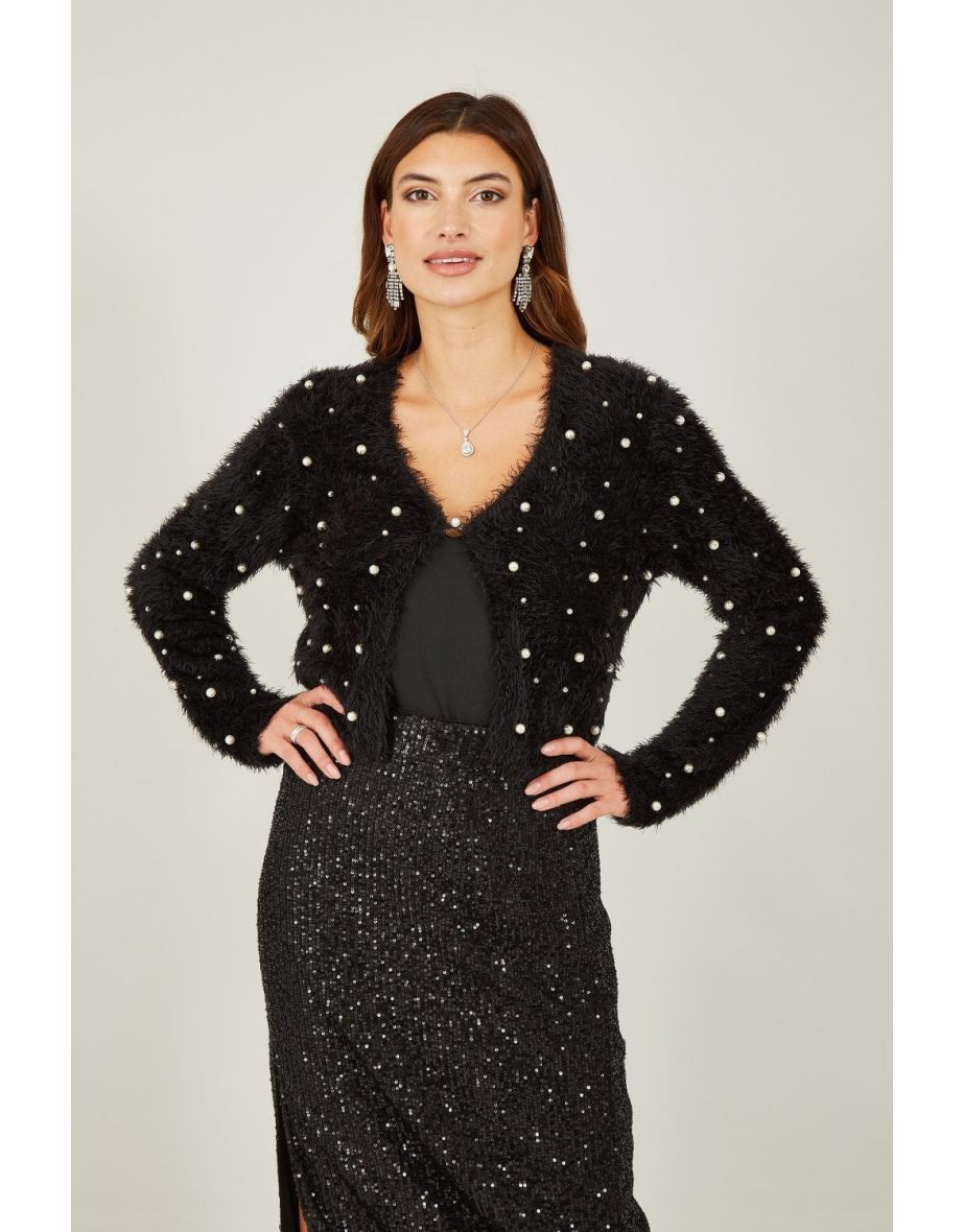 Yumi Black Eyelash Bolero With All Over Pearl Detail
