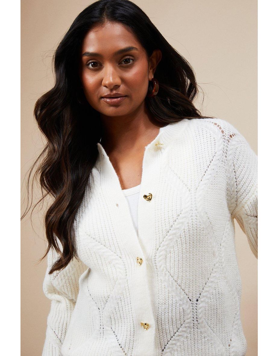 Pointelle Knit Cardigan With Heart Buttons - 3