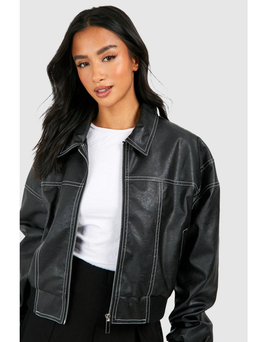 Petite Pu Contrast Stitch Cropped Bomber Jacket - black - 3