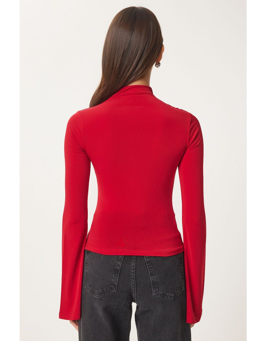 Women's Red Spanish Sleeve Drawstring Sandy Knitted Blouse - 9