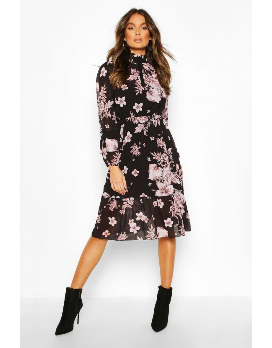 Floral Print Ruffle Neck Midi Dress - black