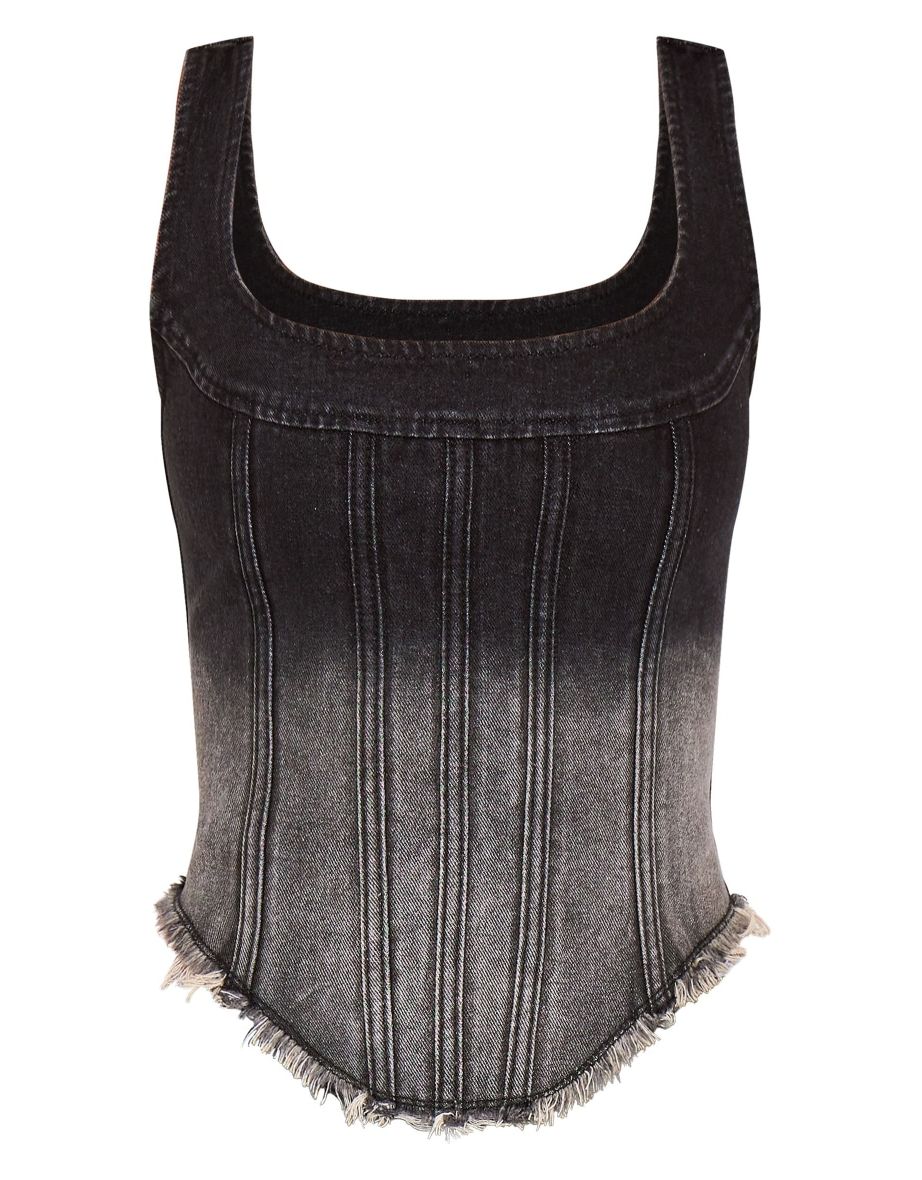 Tall Washed Black Frayed Hem Denim Corset Top - 4