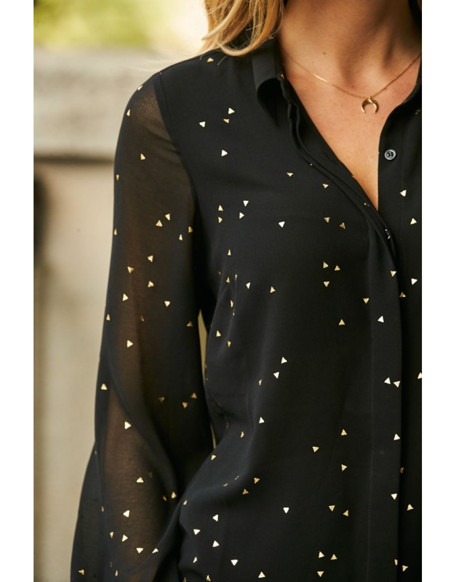Black & Gold Geometric Print Blouson Sleeve Shirt - 4