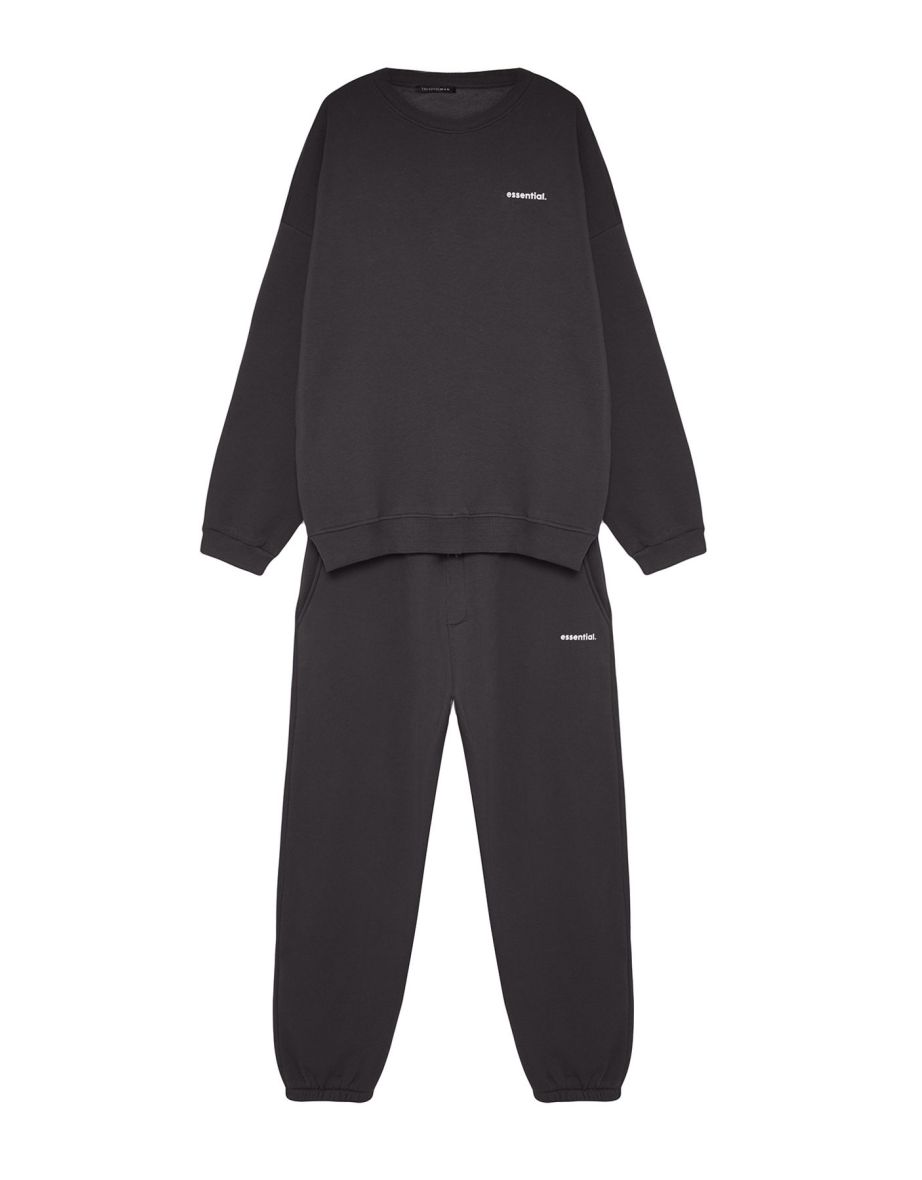 Anthracite Tracksuit Set Oversize / Wide Cut Text Printed With Fleece Inside - 8