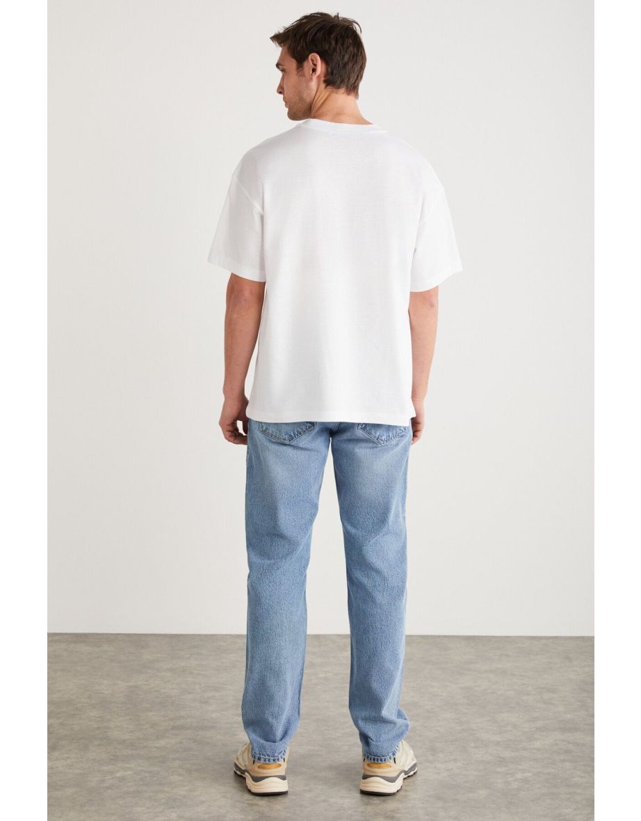 Antonio Men's Printed Detailed 100% Organic Cotton Knitted Oversize White T-shirt - 5