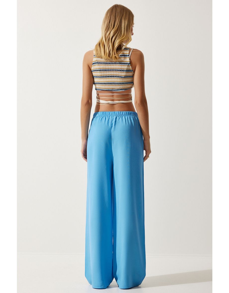 Women's Sky Blue Flowy Knitted Palazzo Trousers - 4