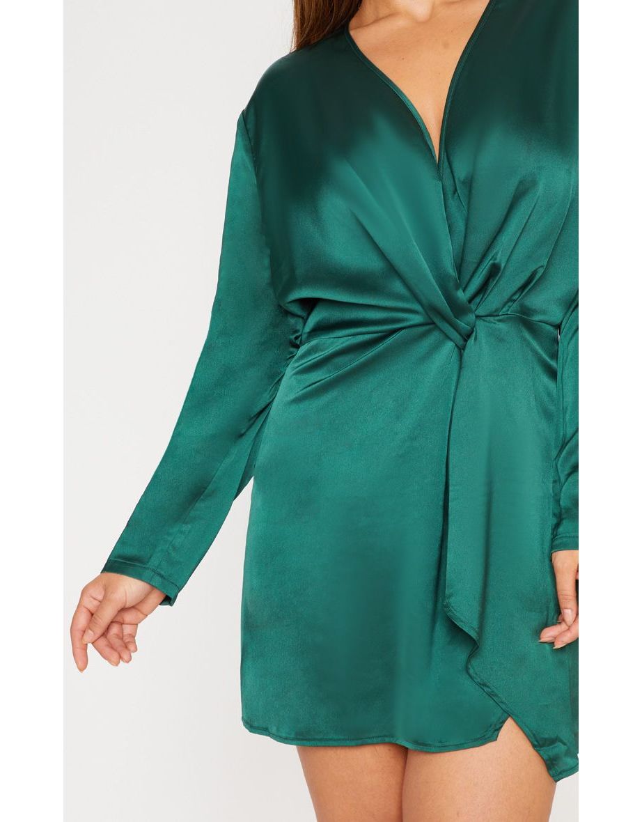 Plus Emerald Green Satin Long Sleeve Wrap Dress - 3