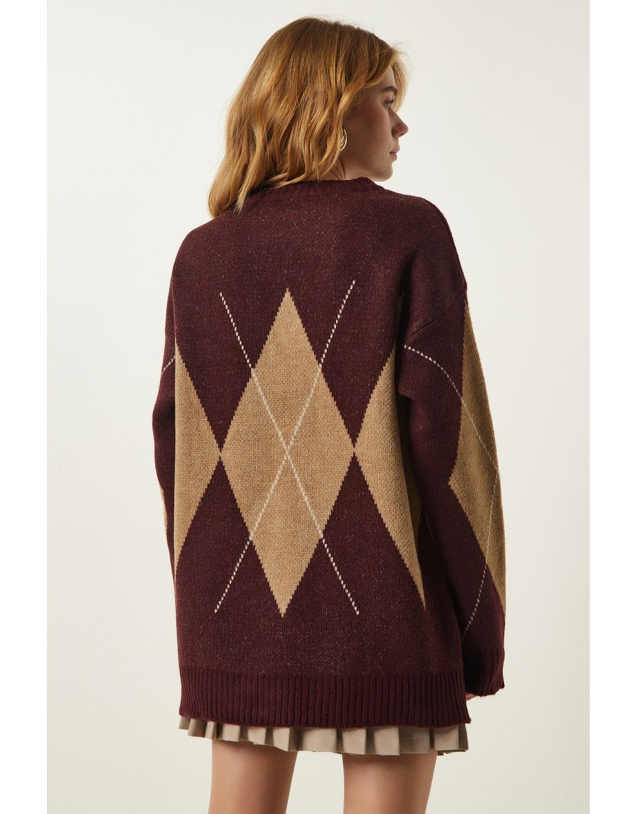 Women's Burgundy Biscuit Premium Diamond Pattern Oversize Knitwear Sweater - 4