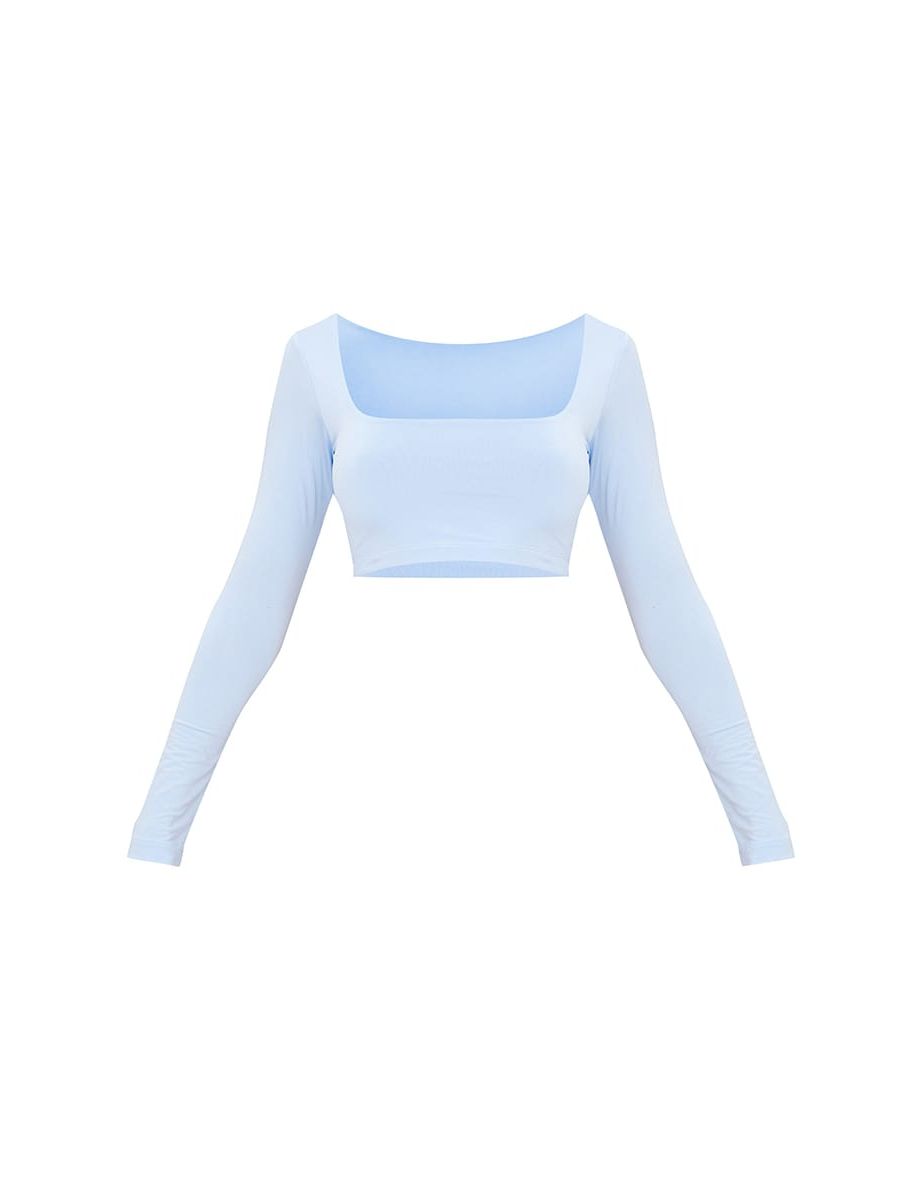 Basic Baby Blue Slinky Square Neck Crop Top - 4