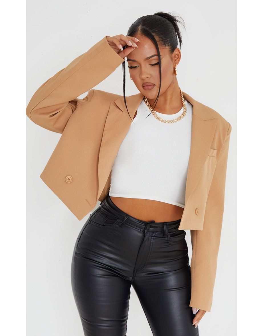 Camel Woven Cropped Shoulder Padded Blazer