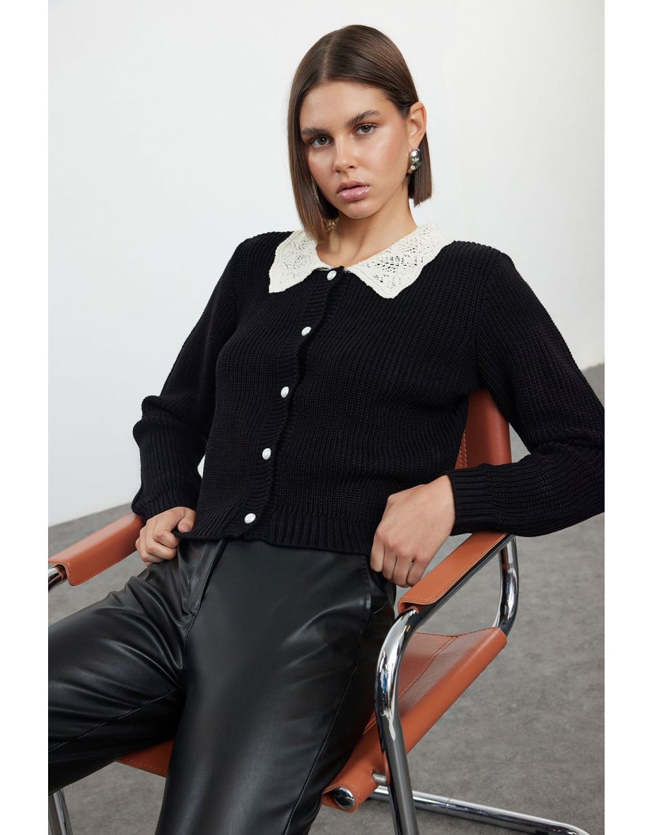 Black Soft Textured Garni Detailed Knitwear Cardigan - 4
