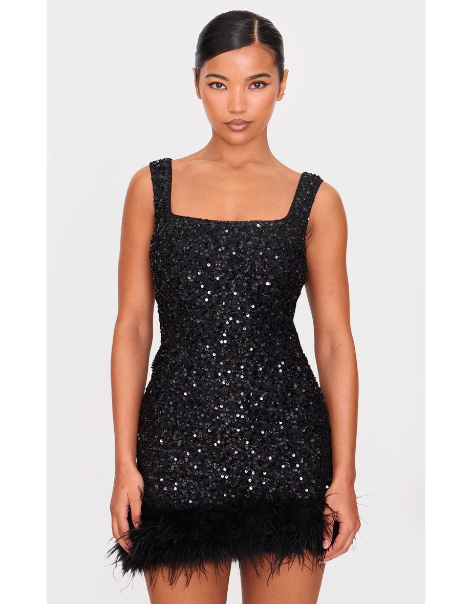 Black Sequin Scoop Neck Feather Hem Shift Dress