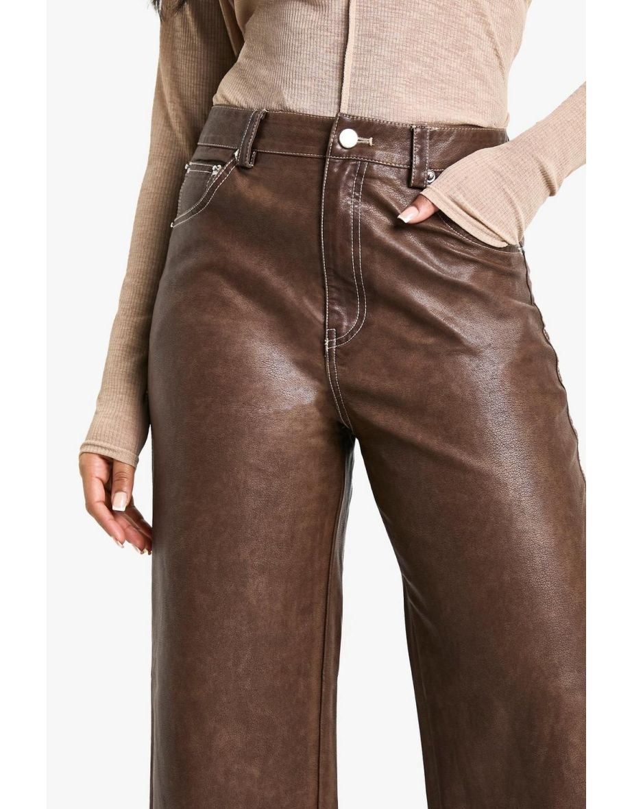 Vintage Look Wide Leg Faux Leather Trouser - brown - 3