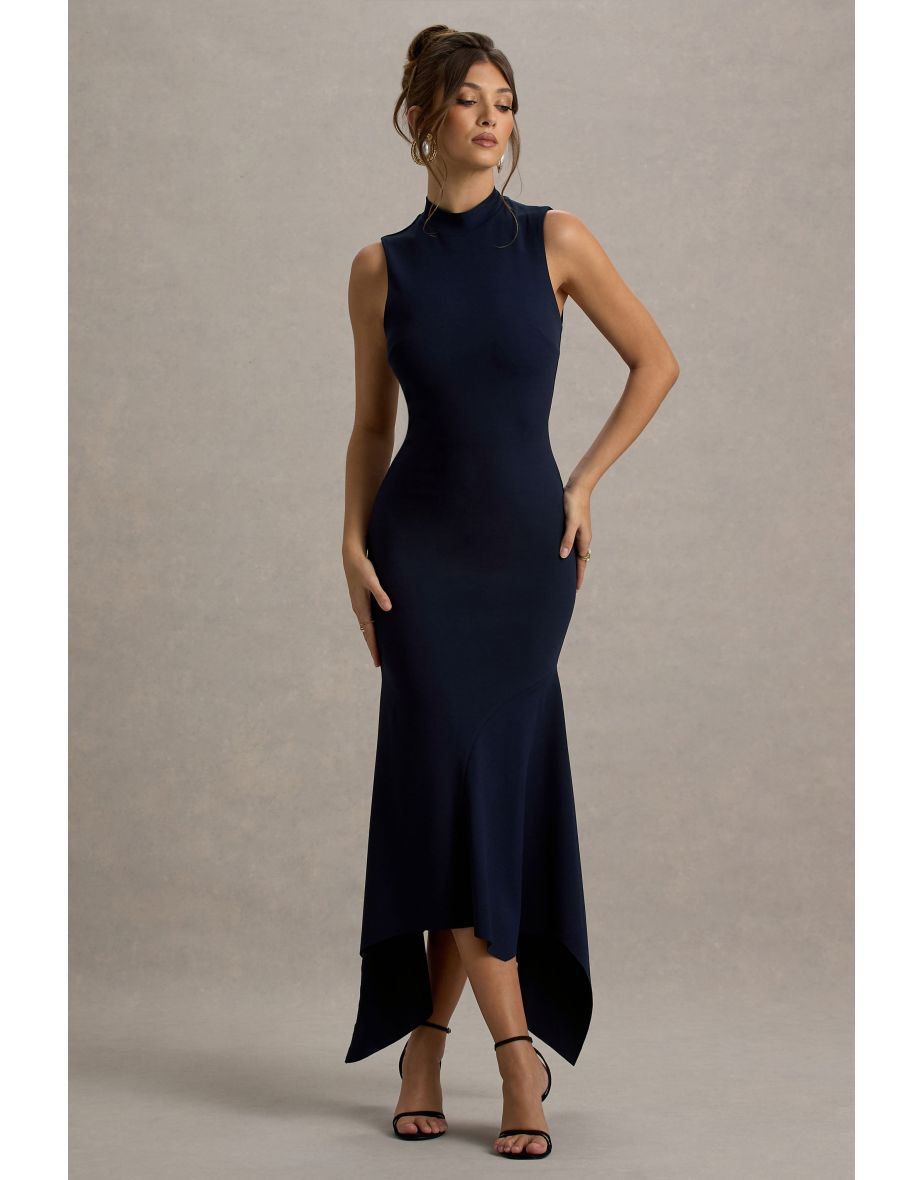 Janice | Navy High-Neck Hanky-Hem Maxi Dress - 6
