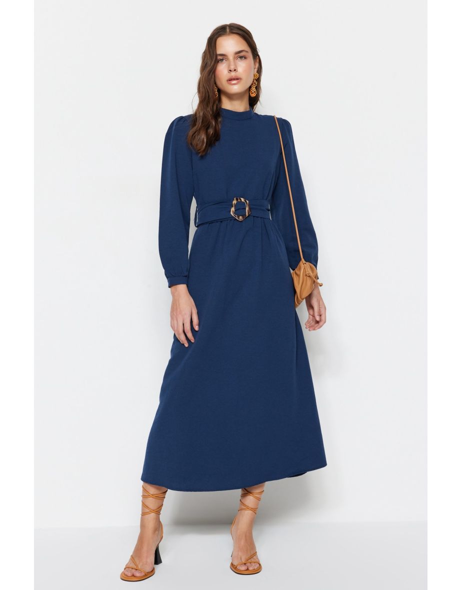 Navy A-Line Midaxi Slip Dress with Long Sleeve