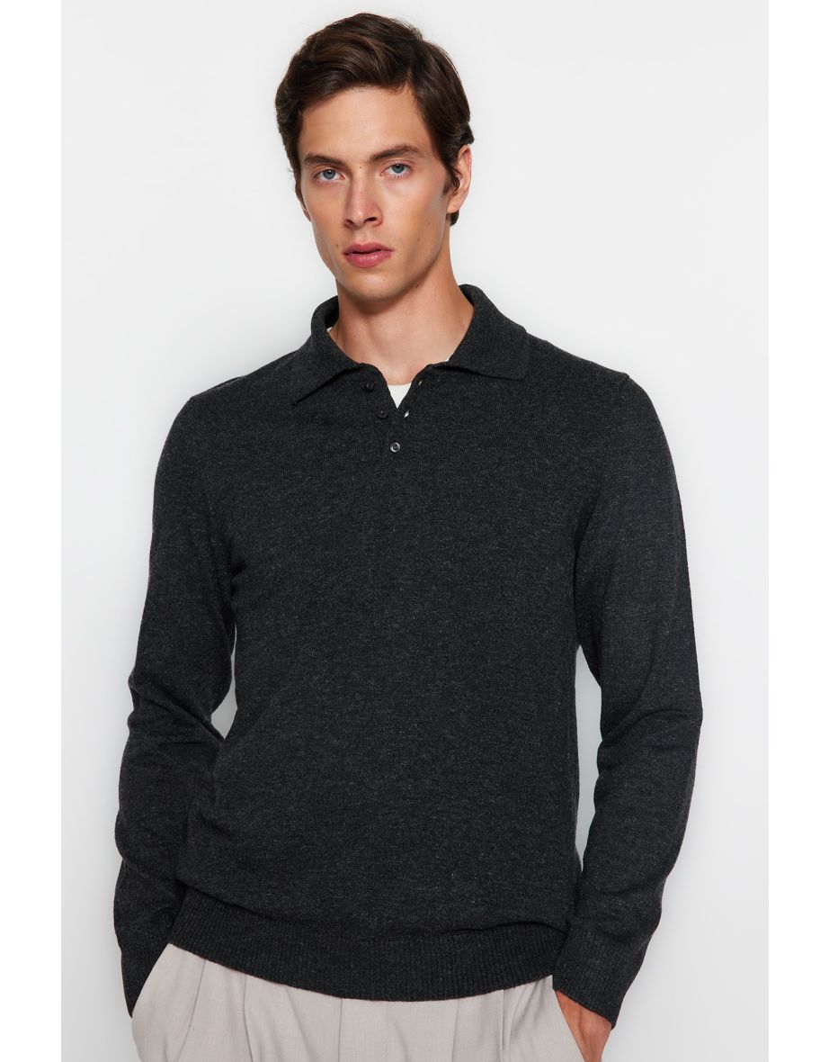 Anthracite Men's Slim Fit Polo Neck Buttoned Smart Knitwear Sweater