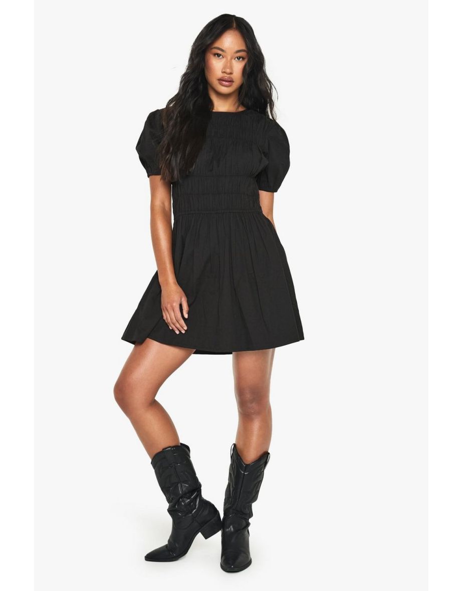 Cotton Poplin Shirred Mini Dress - black