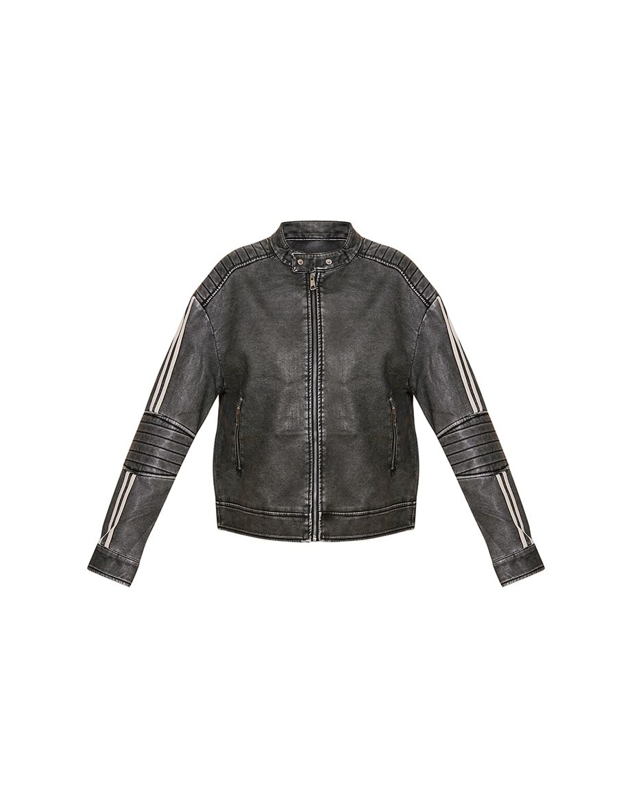 Charcoal Grey Faux Leather Distressed Quilted Detail Biker Jacket - 4