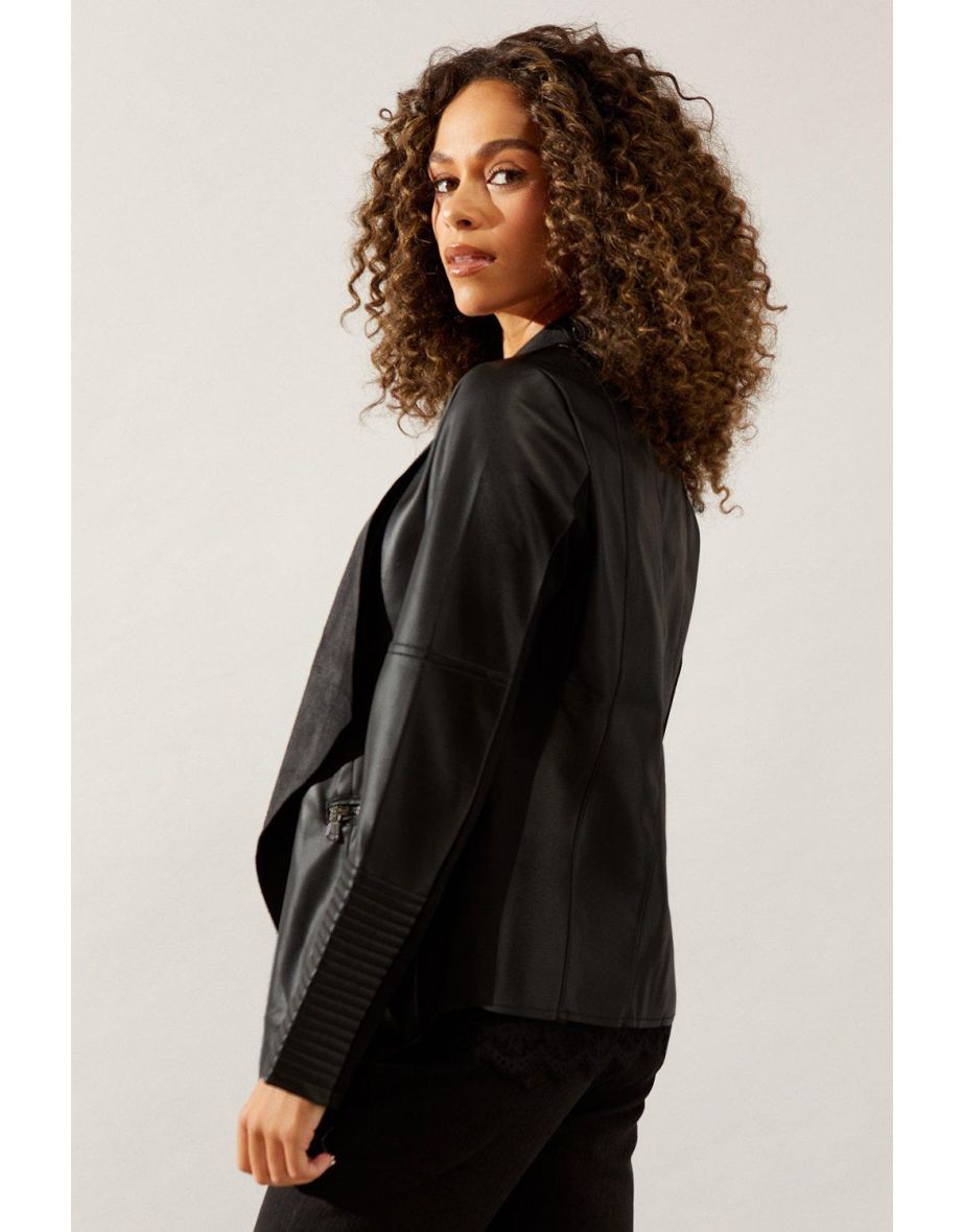 Black Faux Leather Waterfall Jacket - 3