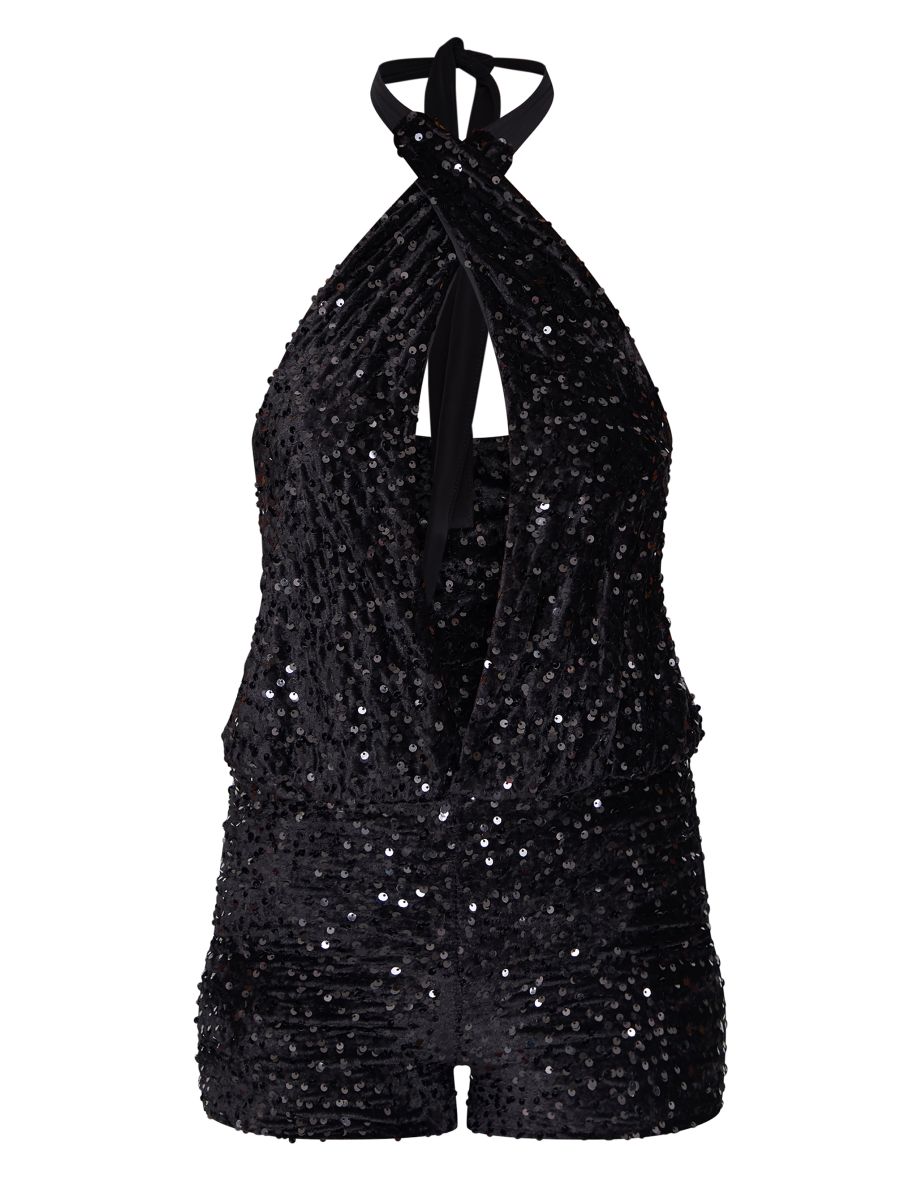 Tall Black Velvet Sequin Halterneck Playsuit - 4