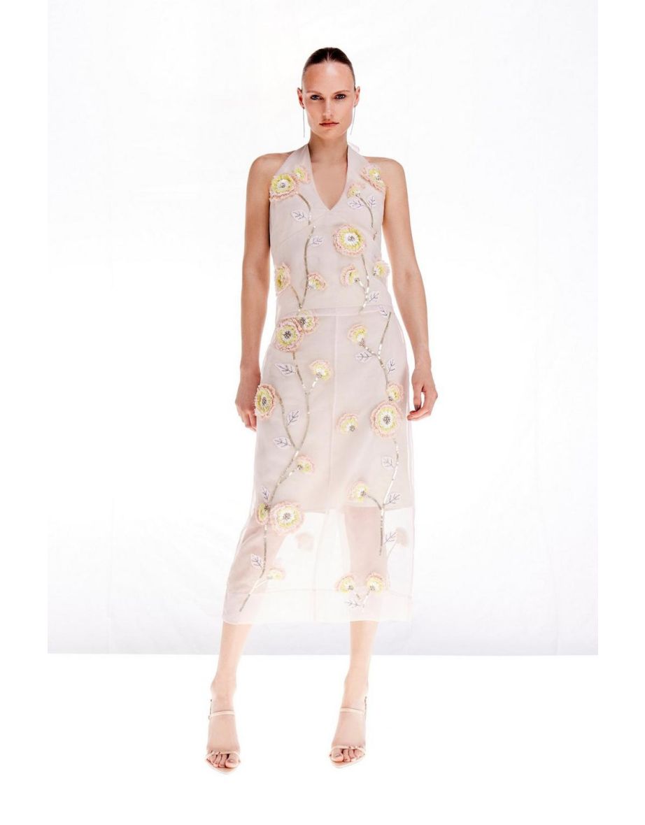 Ooto Organdie Applique Woven Midi Pencil Skirt