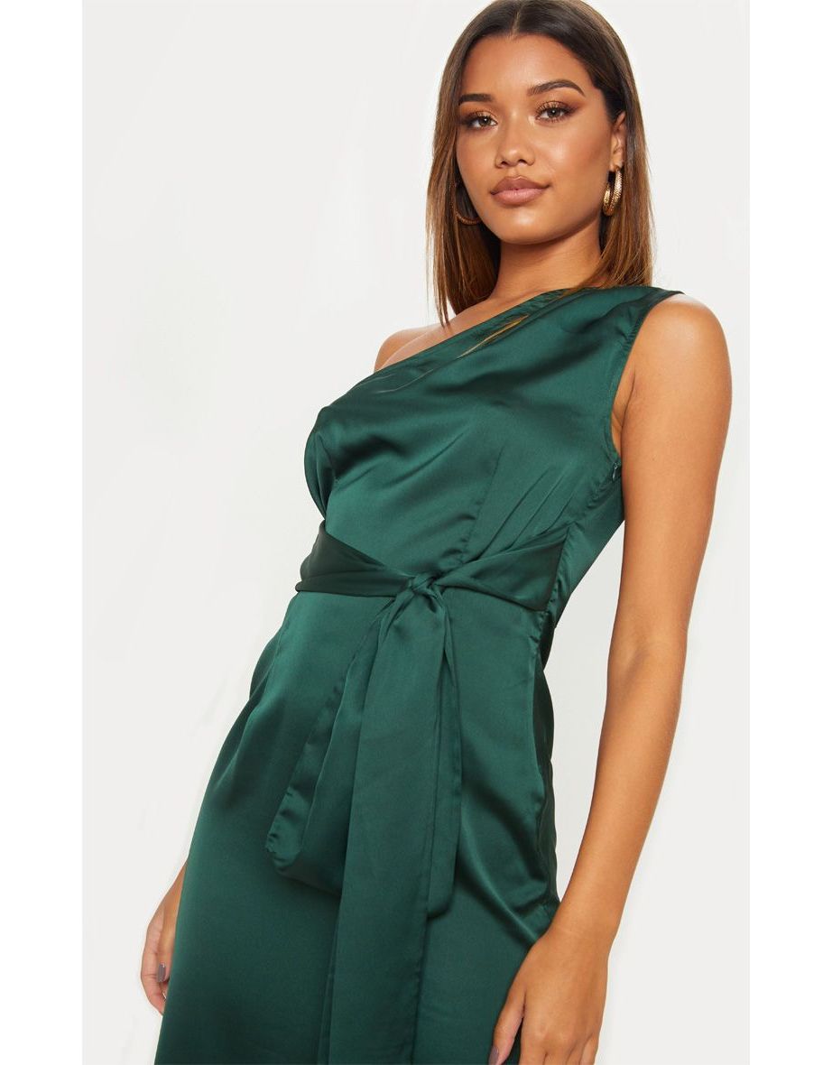 Emerald Green Satin One Shoulder Tie Waist Asymmetric Hem Midi Dress - 4