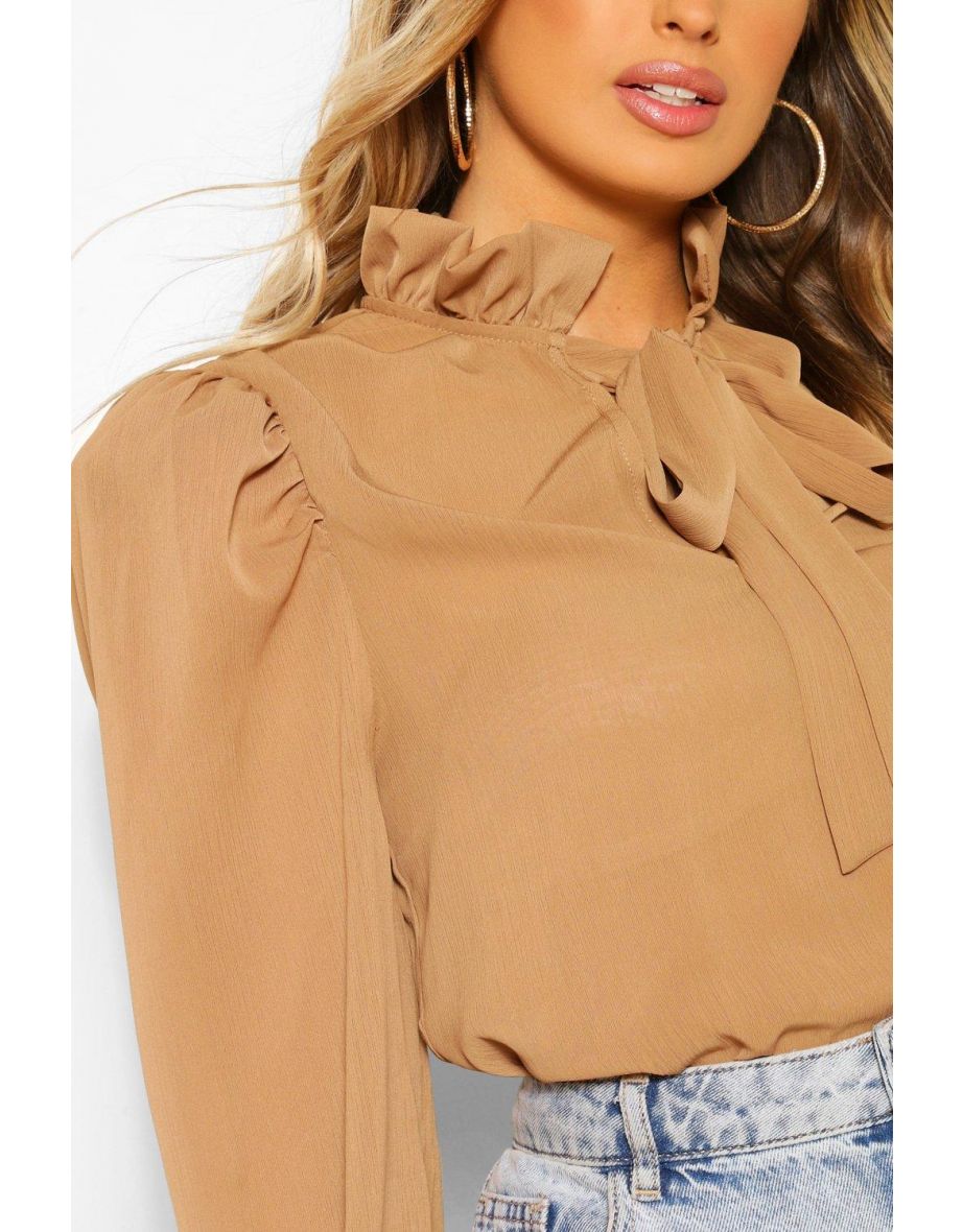 Chiffon Shoulder Pad Detail Bow Blouse - stone - 3