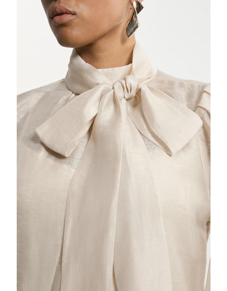 Plus Size Linen Blend Organdie Woven Bow Blouse - 3