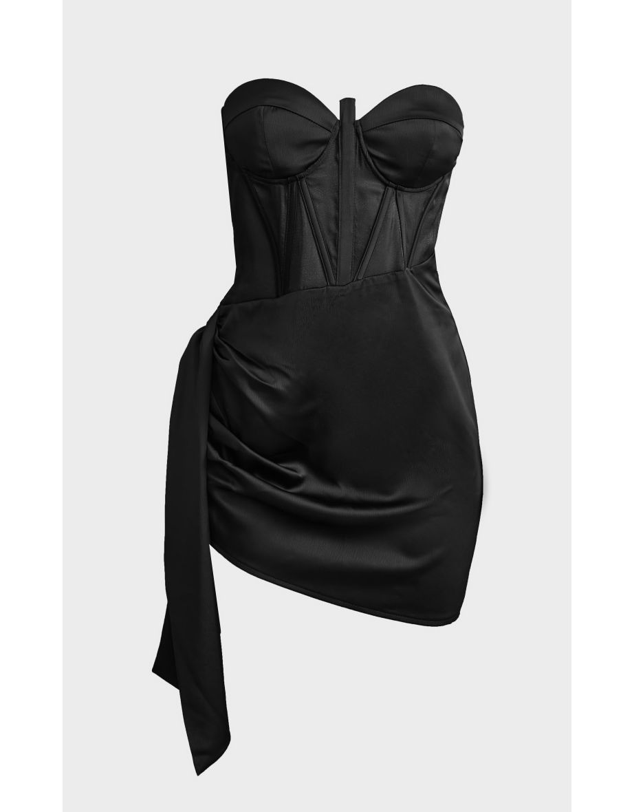 Black Satin Corset Detail Draped Skirt Bodycon Dress - 4