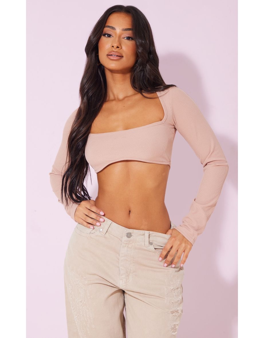 Petite Stone Cropped Long Sleeve Textured Crop Top