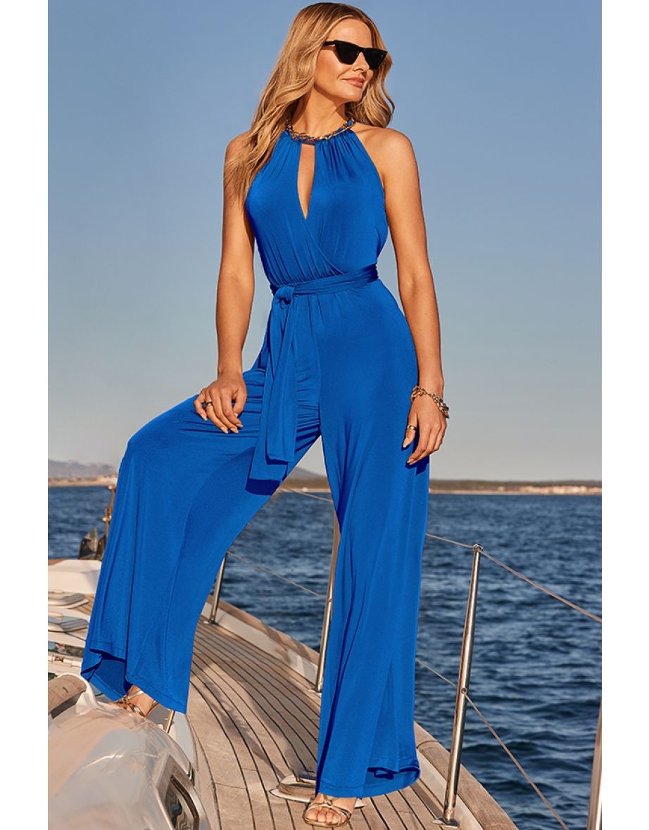 Petite Cobalt Blue Halter Neck Jumpsuit With Gold Chain Detail - 4