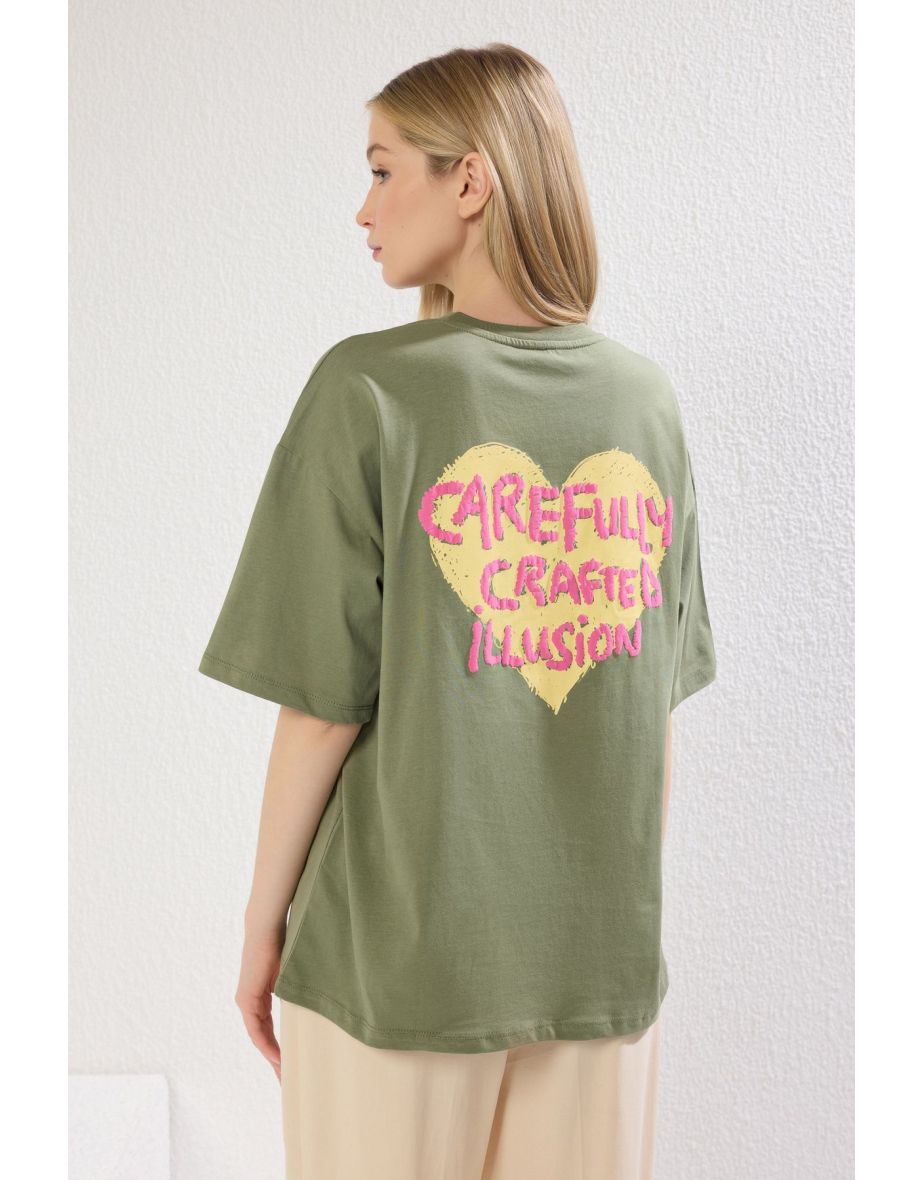 Khaki 100% Cotton Front and Back Embossed Printed Oversize/Wide Pattern Knitted T-Shirt - 3