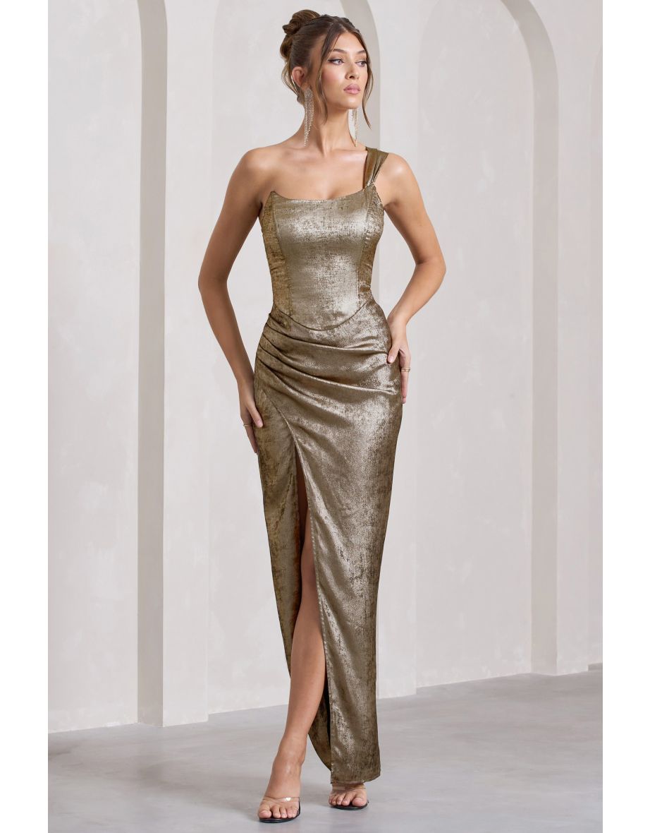 CALVIN KLEIN Metallic Gold Long Evening Dress top With Ruched Knot Size 8