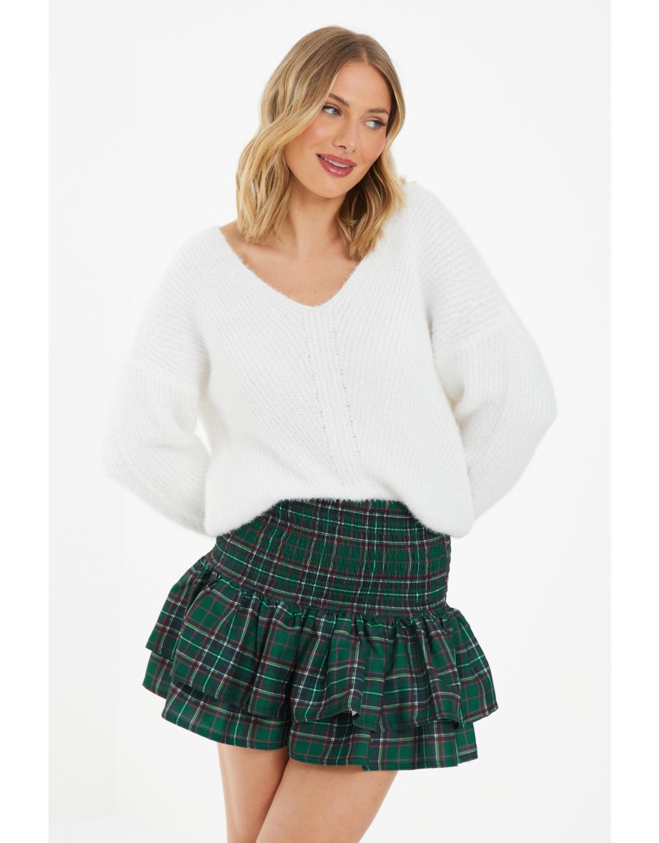 Shop Green Check Print Ruched Frill Mini Skirt Online in Qatar VogaCloset