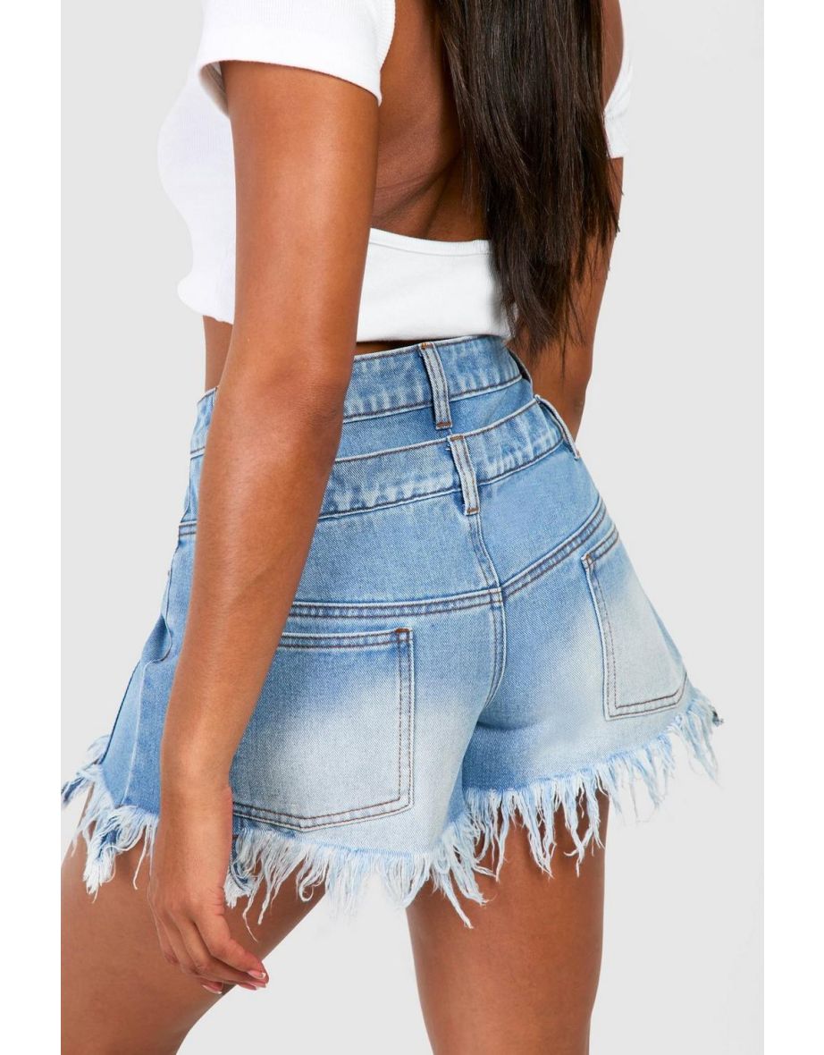 Double Waistband Detail Fray Hem Denim Shorts - blue - 3