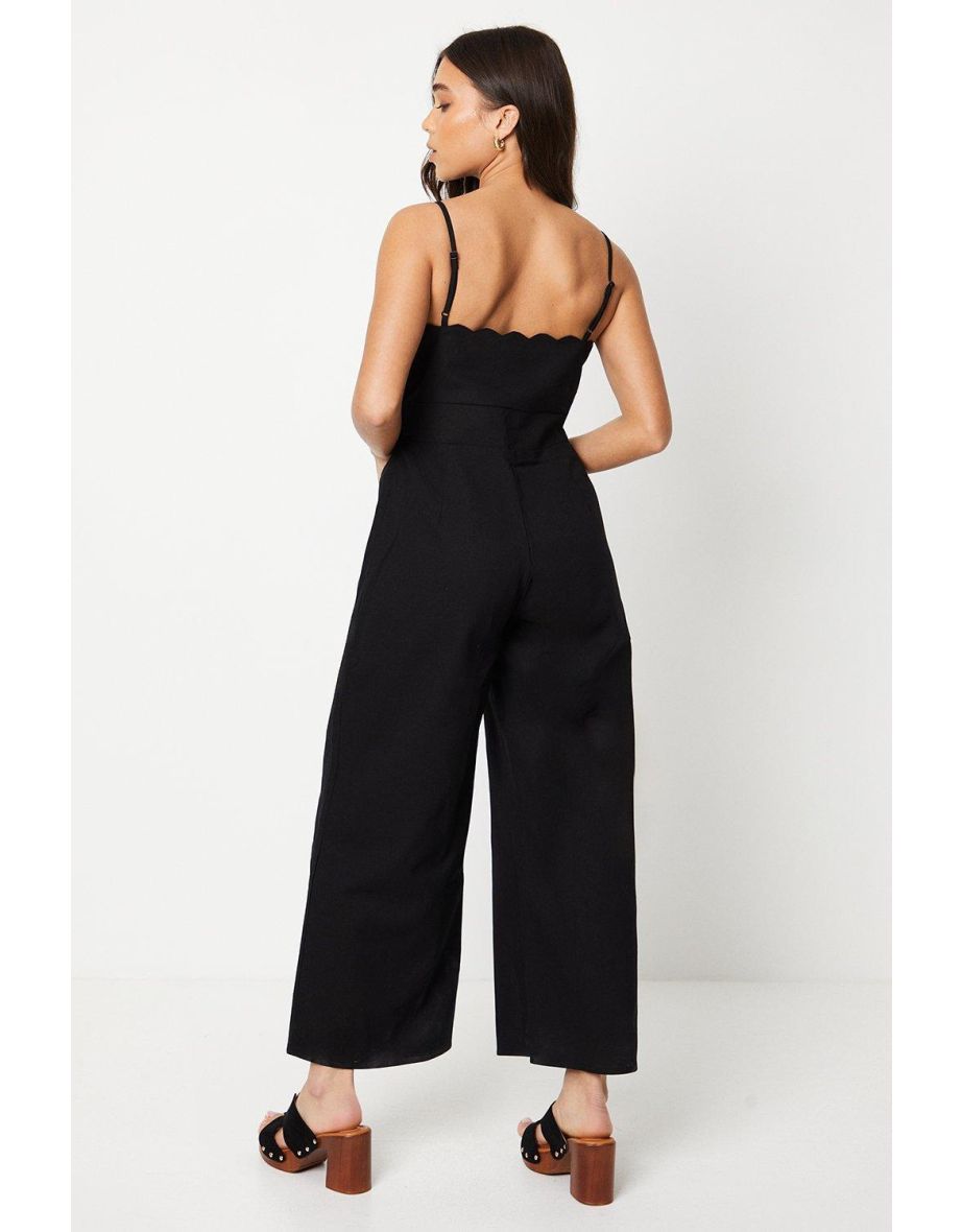Petite Linen Scallop Edge Button Down Strappy Jumpsuit - 2