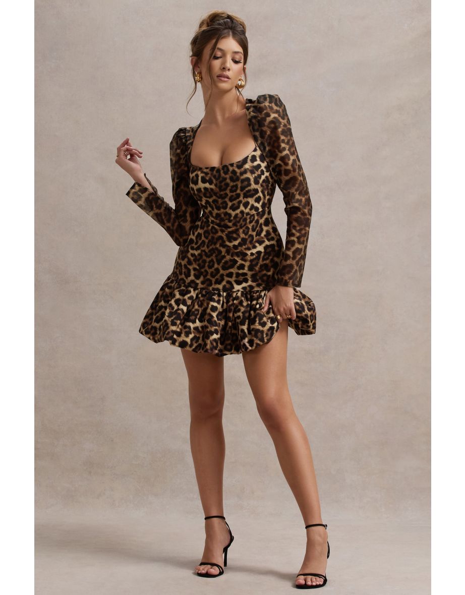 Ombra | Leopard Print Square-Neck Long-Sleeve Mini Dress With Ruffle Hem