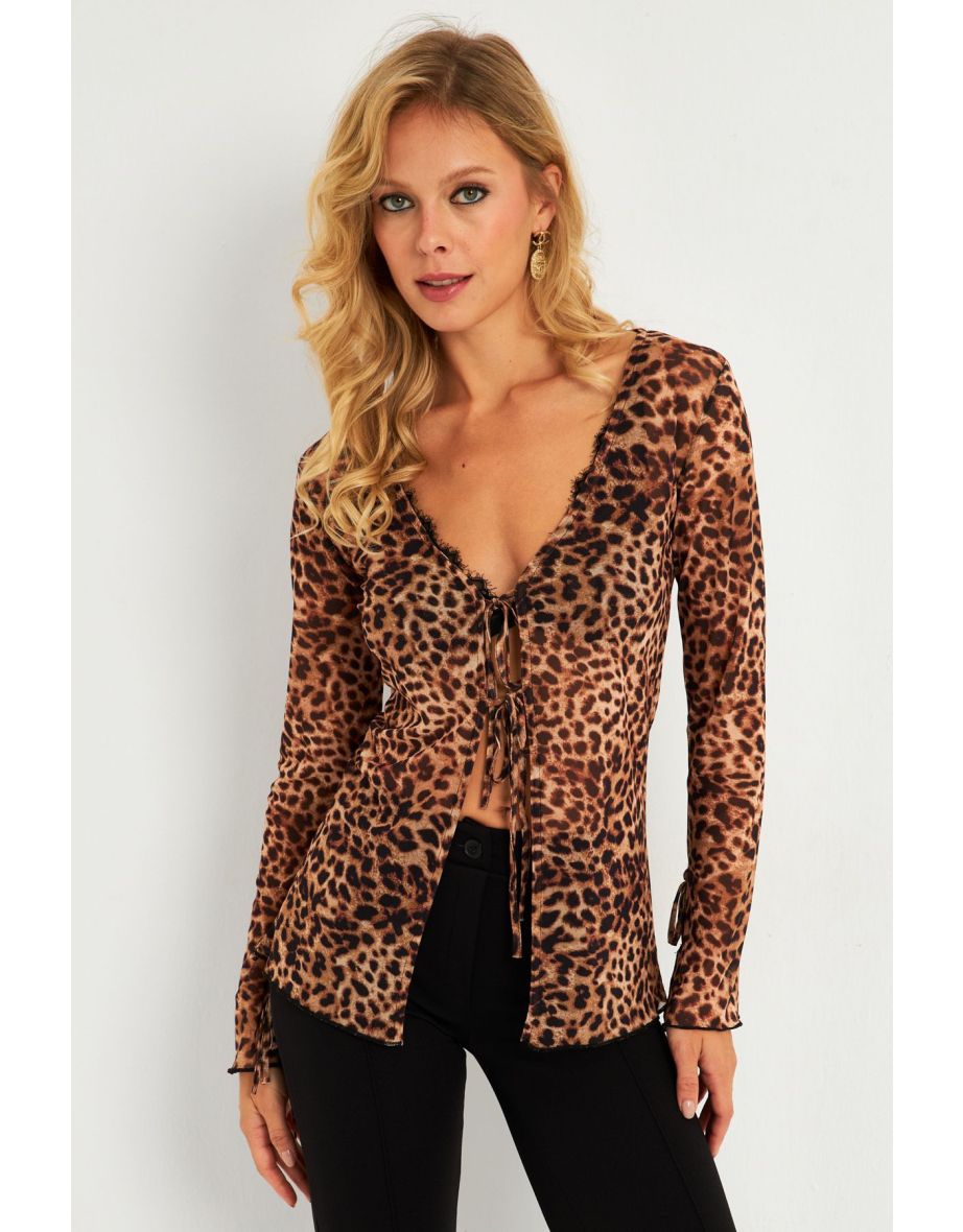 Women's Camel-Black Leopard Patterned Tulle Blouse