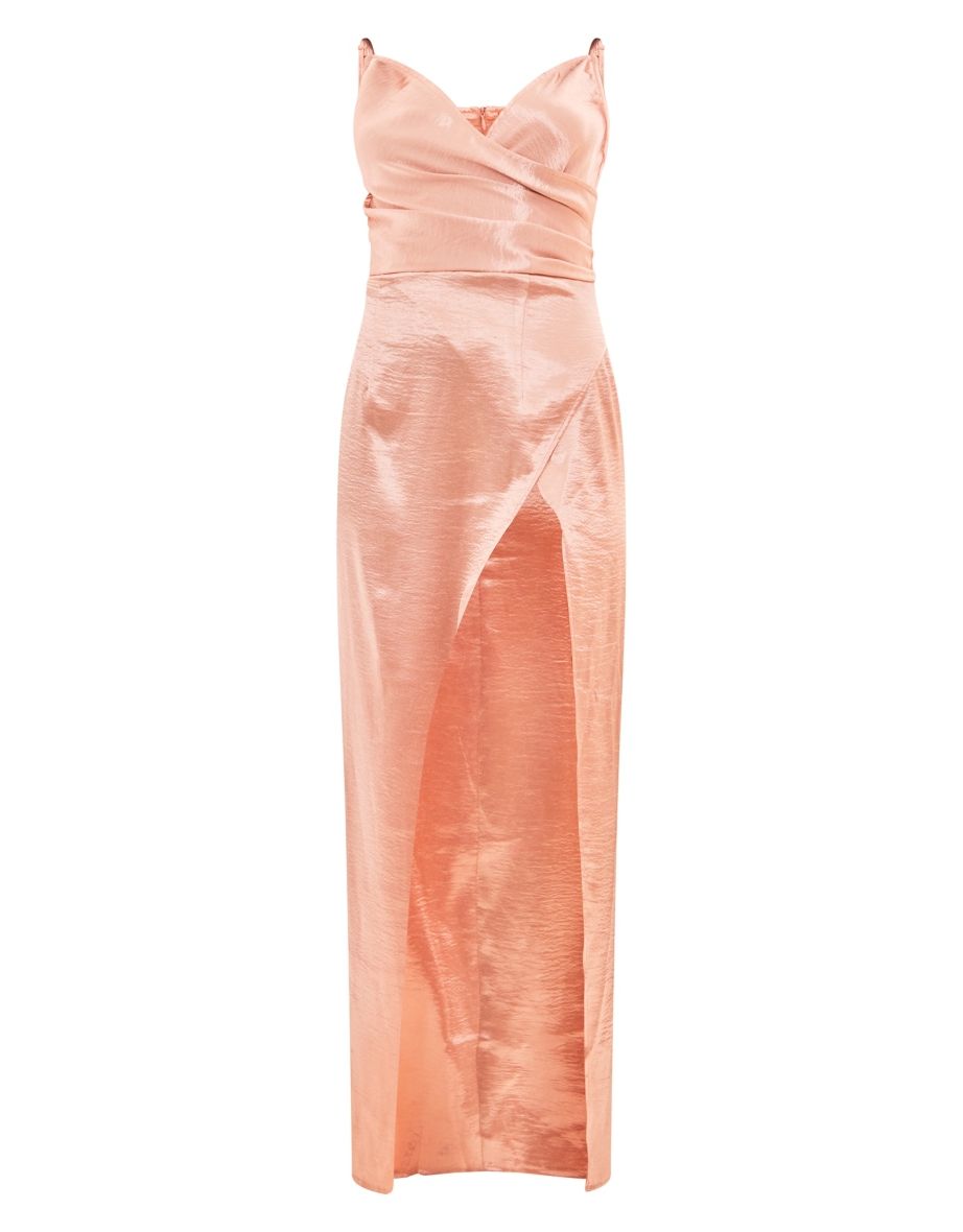 Baby Pink Metallic Satin Wrap Split Maxi Dress - 4