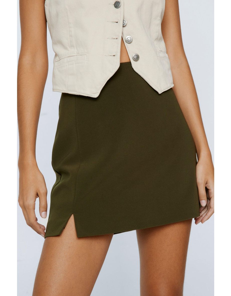 Green Column Mini Skirt with Slit - 3