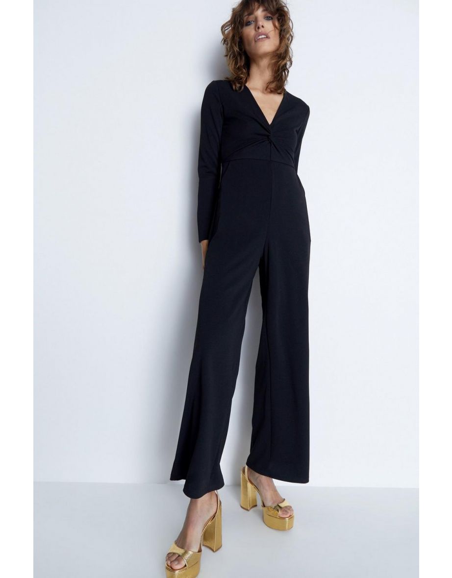 Jersey Crepe Twist Front V Neck Jumpsuit