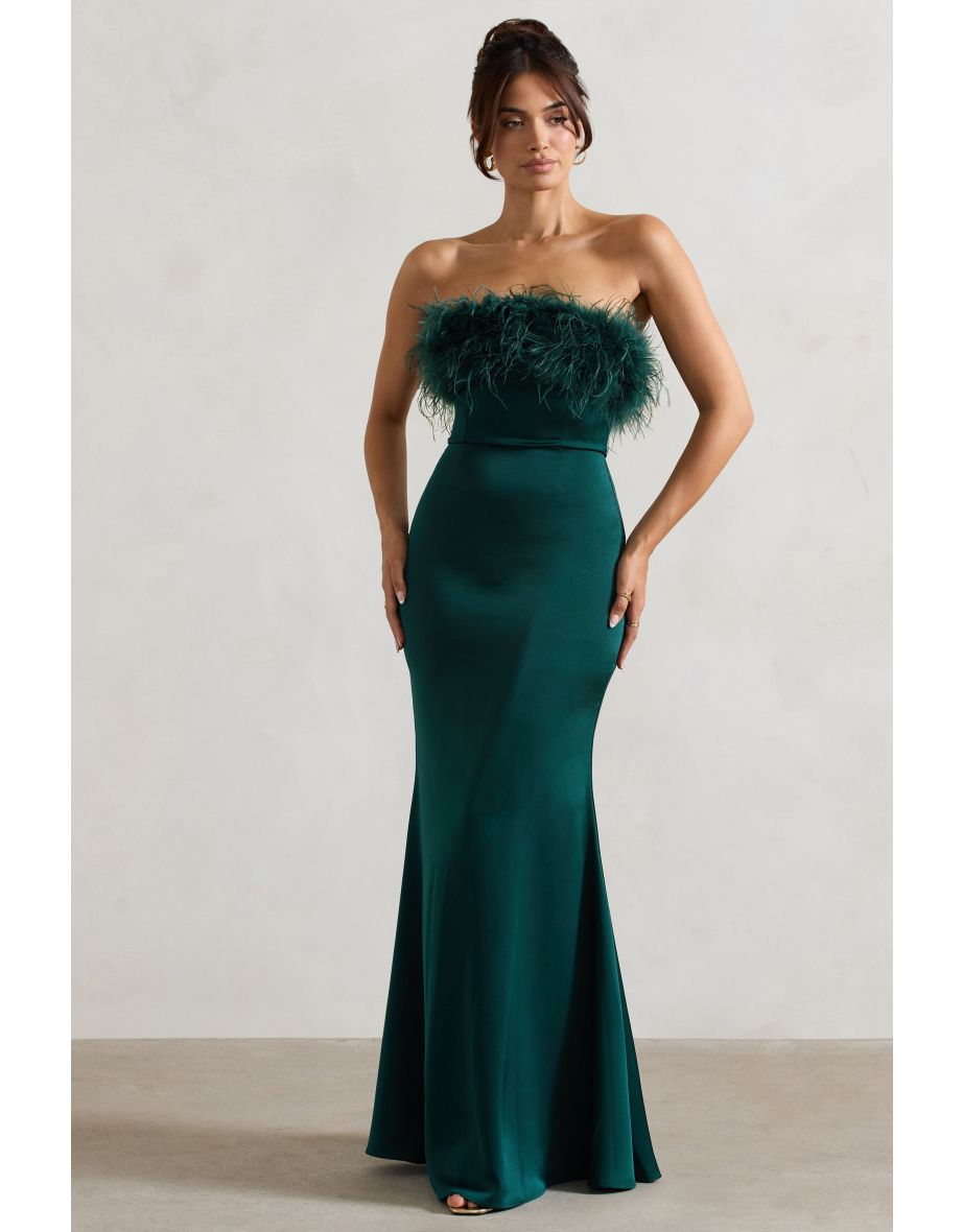 Dress For It | Bottle Green Satin Feather Trim Maxi Dress