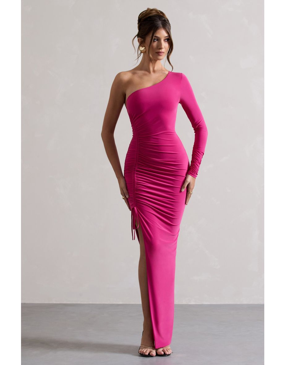 Anima | Dark Pink Asymmetric Ruched One-Sleeve Maxi Dress