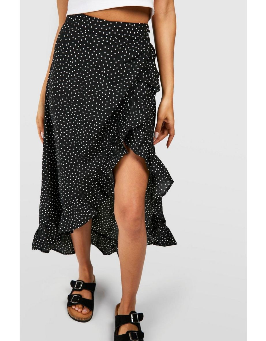 Polka Dot Ruffle Wrap Maxi Skirt - black - 3