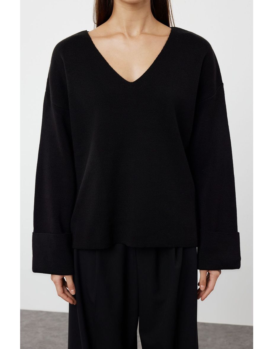 Black Wide Fit Sleeve Folded Knitwear Sweater - 6