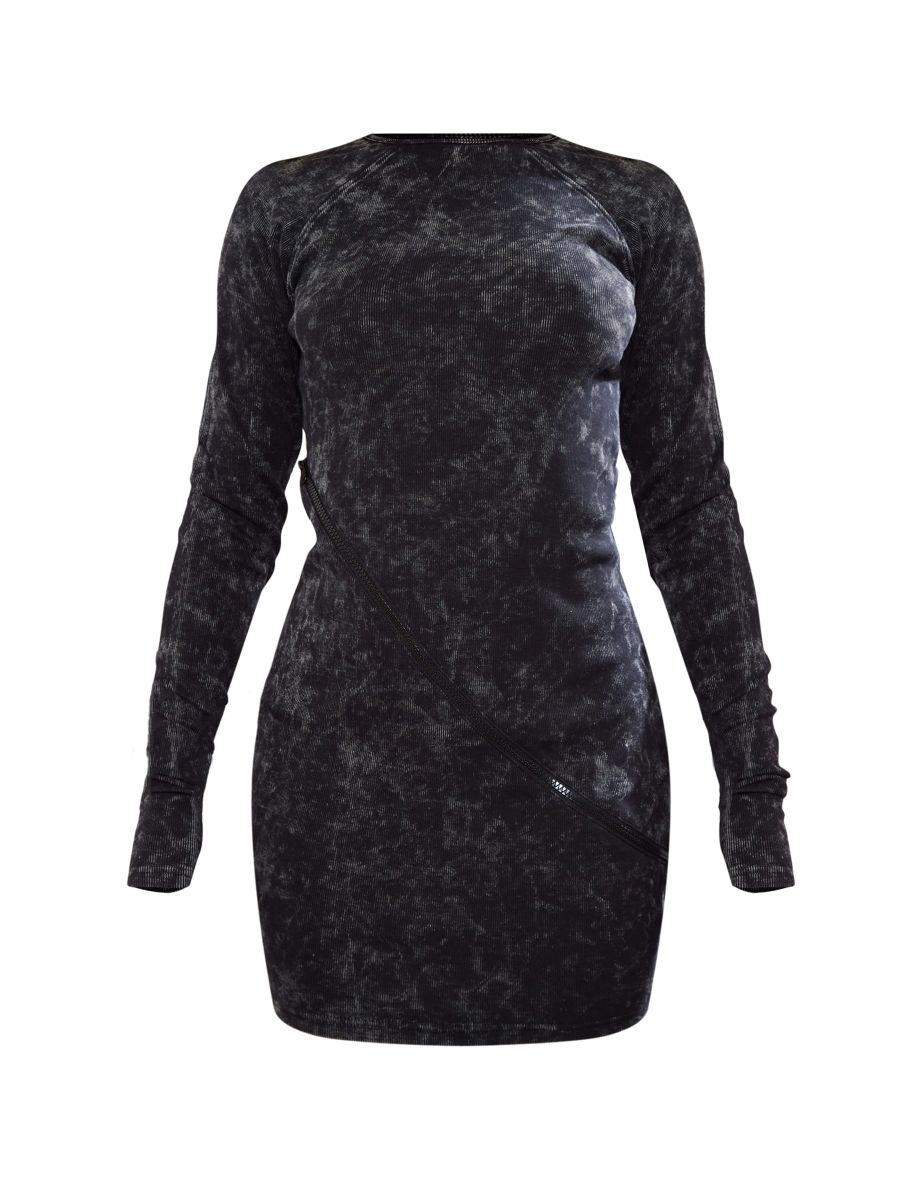 Black Acid Wash Asymmetric Zip Long Sleeve Bodycon Dress - 4