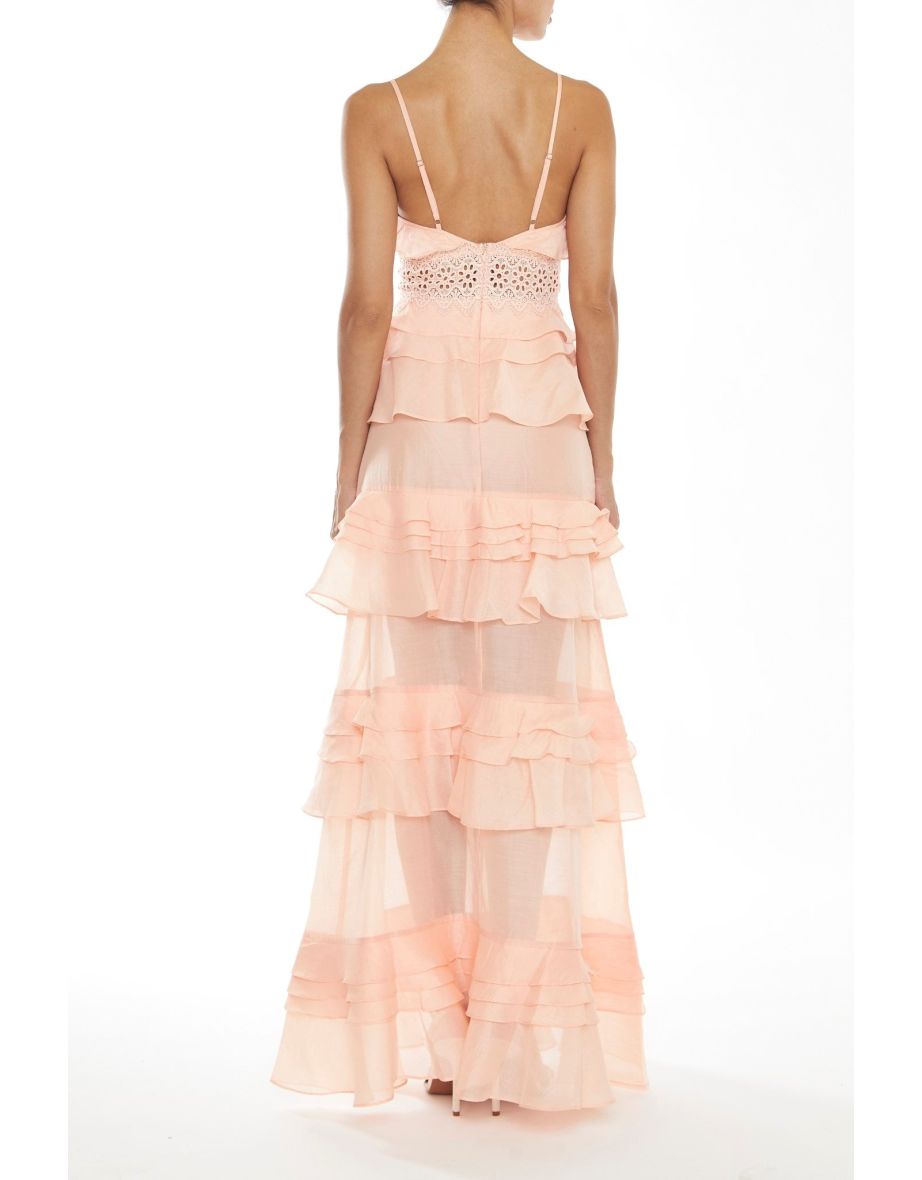 Sophia Soft-Peach Plunge Front Tiered Ruffle Maxi-Dress - 1