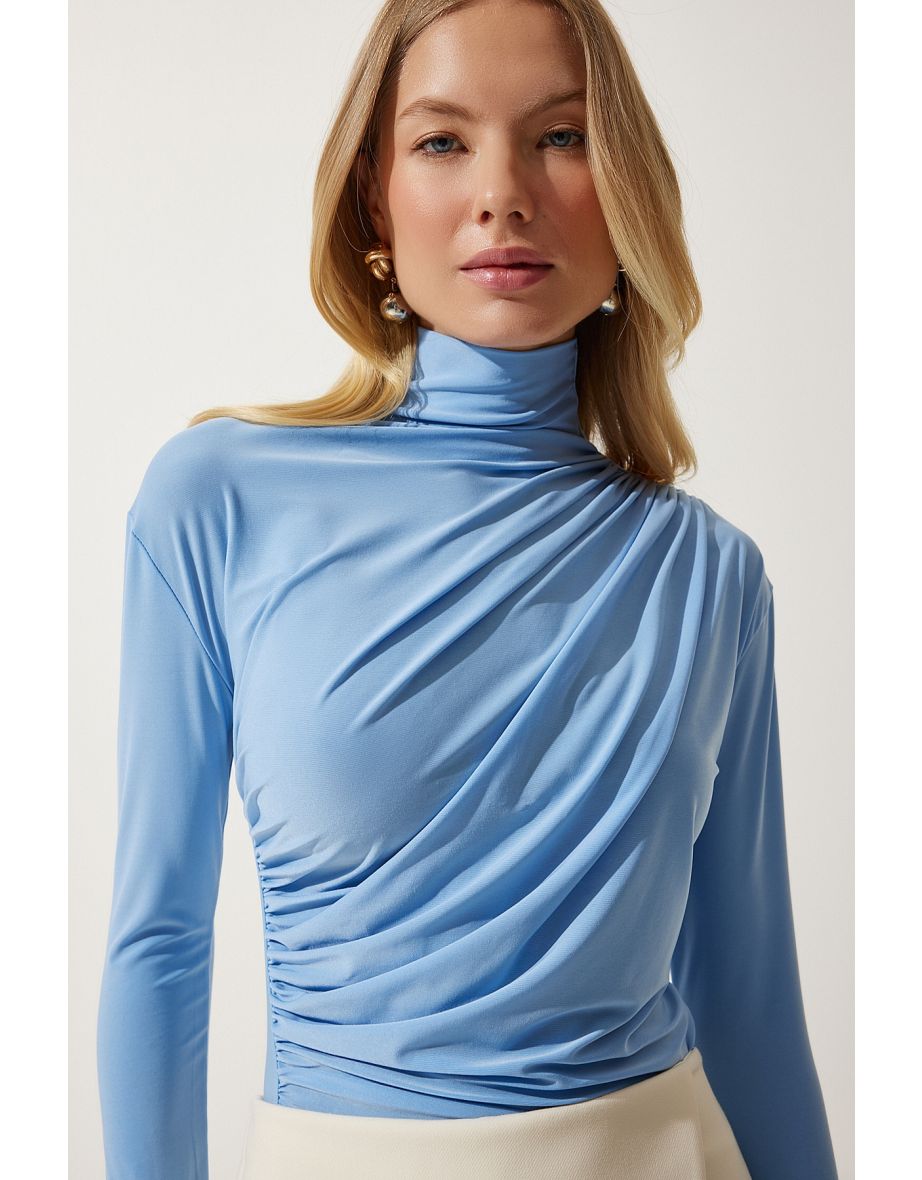 Women's Sky Blue Gathered Detailed High Neck Sandy Blouse