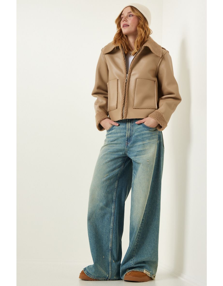 Beige Fur Collar Wide Pocket Faux Leather Jacket - 6