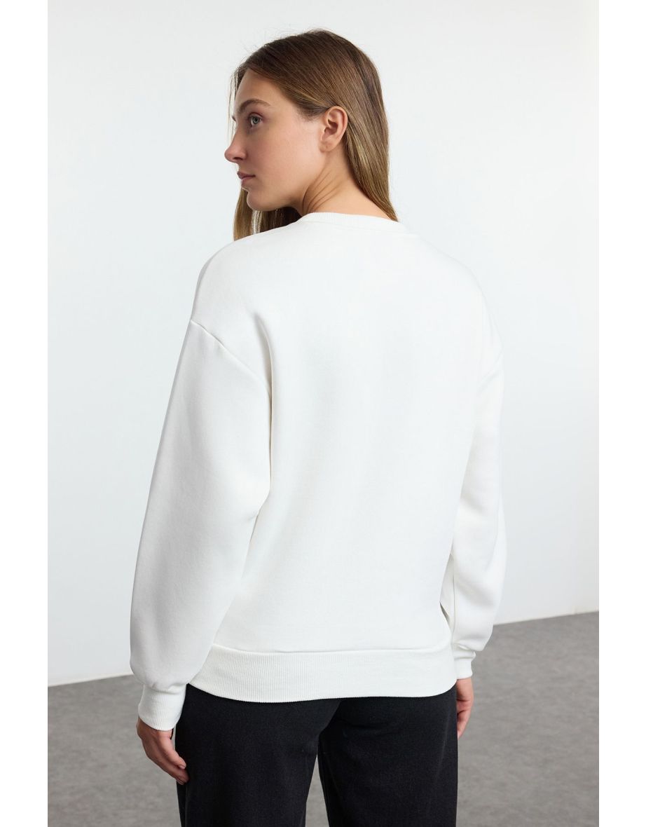 Ecru Slogan Embroidered Regular/Normal Fit Crew Neck Thick Knitted Sweatshirt - 4